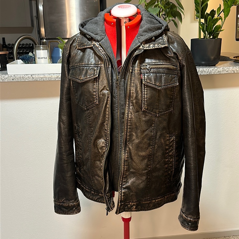 Levi's Men's Faux Leather Trucker Hoodie with Sherpa Lining